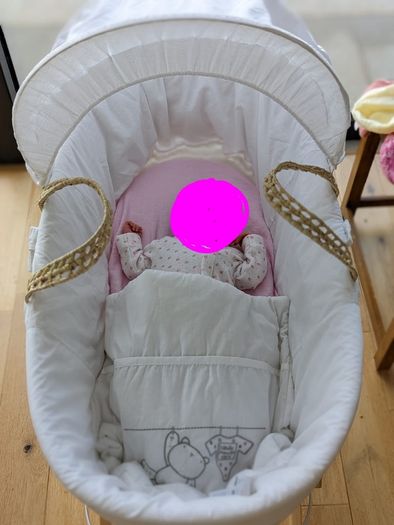 Moses basket, stand, mattress and bedding by Kinder Valley