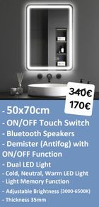 LED Bathroom Mirror 50x70cm Speakers Antifog Ensuite Makeup Vanity Cosmetic Dual LED Dimmable