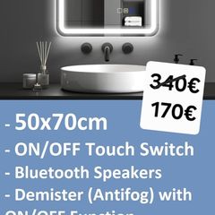 LED Bathroom Mirror 50x70cm Demister Antifog Speakers