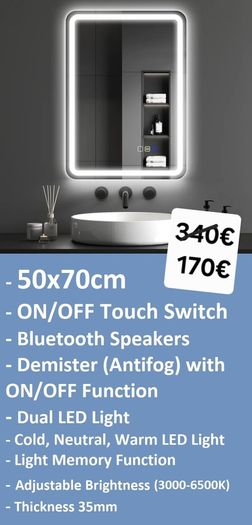 LED Bathroom Mirrors Selection Clock Speakers Bluetooth Demister Antifog Wi-Fi Weather Station Makeup