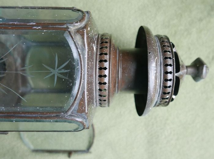 Vintage Pair of Brass Carriage Lamps, by Lime House Lamp Company, pierced canopies, bevelled etched glass chambers, 22" long