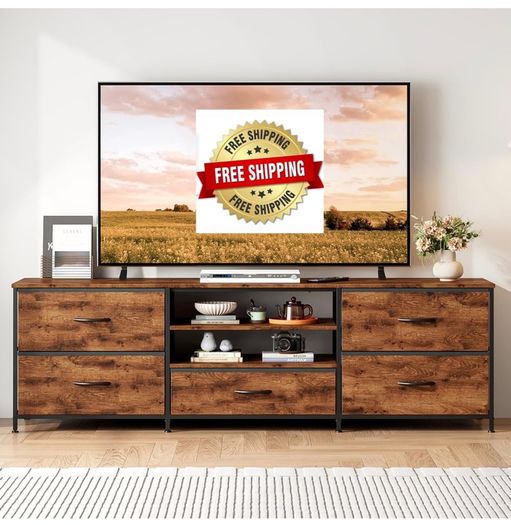 TV Stand Cabinet, TV Unit with 5 Drawers, 140 cm, Brown TV Console Table with Storage Organizers, Entertainment Center with Open Shelf for Living Room, Bedroom