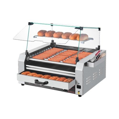 Hot Dog Roller, 30 Hot Dog 11 Rollers, Stainless Steel Sausage Grill Cooker, 2400W Hot Dog Machine with Bun Warmer, Cover, 3 Temp Control, Side Storage Box, Oil Drip Tray, for Home & Commercial