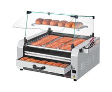 Hot Dog Roller, 30 Hot Dog 11 Rollers, Stainless Steel Sausage Grill Cooker, 2400W Hot Dog Machine with Bun Warmer, Cover, 3 Temp Control, Side Storage Box, Oil Drip Tray, for Home & Commercial