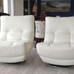 2 Italian White Leather Swivel Armchairs