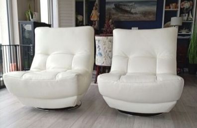 2 Italian White Leather Swivel Armchairs