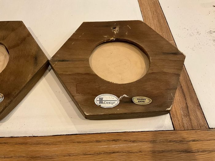 Vintage Plaques .Tikes in Oak Hexagon Shaped Frames