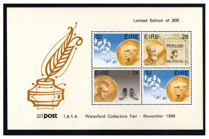 1994 Ireland Waterford Regional Collectors Show Exhibition Souvenir overprint on Irish Nobel Prize-winners Booklet Pane Mint Never Hinged (MNH), Hibernian HP68.