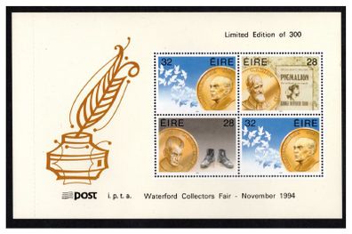 1994 Ireland Waterford Regional Collectors Show Exhibition Souvenir overprint on Irish Nobel Prize-winners Booklet Pane Mint Never Hinged (MNH), Hibernian HP68.