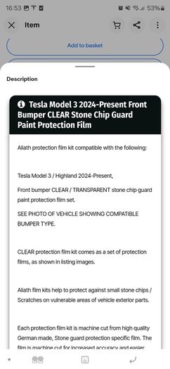 Tesla Model 3 2024- Front Bumper Stone Guard Paint Protection Film Highland