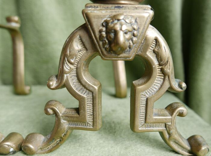 Antique Victorian Brass Fire Side Dogs - Lion Head Brass Fire Dogs