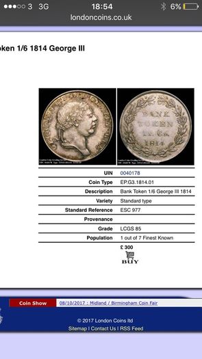 Rare Bank Token 1/6 George III 1814