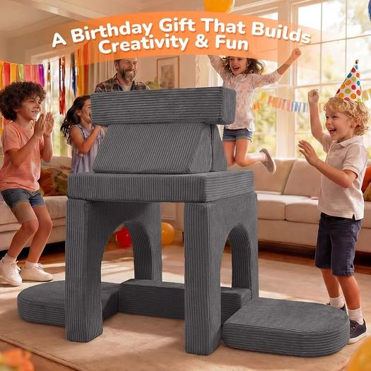 Corduroy Kids Play Sofa, 10-Pieces Toddler Chair, Light Grey Fold Out Bed Foam Modular Couch for Girls Boys, Convertible Armchair Children Sectional Playset for Playroom