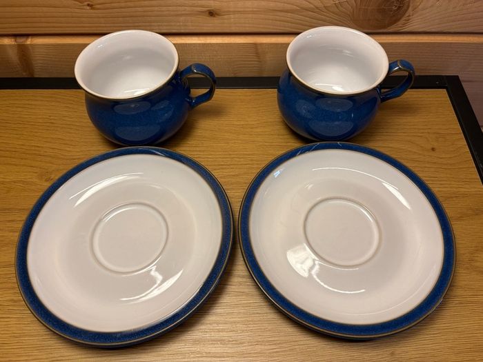 Pristine Pair of Denby "Imperial Blue" Cups & Saucers | English Stoneware Set of 2