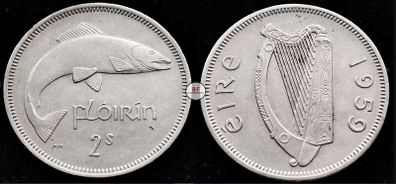 [#2184] - Ireland 1959 | Irish 2s | Irish Florin | Salmon | KM.15a | High Grade