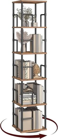 5-Tier Rotating Bookshelf, Freestanding Corner Bookshelf, 360 Spinning Bookcase, Industrial Style Storage Rack with Rails, for Living Room, Study, Home Office, Rustic Brown