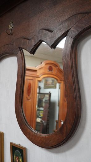 Antique French Oak Wall Coat Rack with Mirror