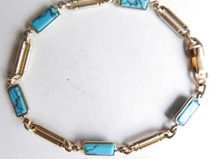 Vintage Turquoise Gold Plated Bracelet Anklet  - Gemstone Jewelry , Birthstone , Blue Stone 7,5" - 5,45g