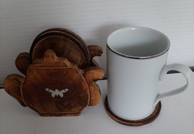 New wooden holder tea coasters and white mug