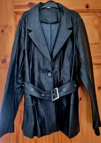 Black faux leather belted jacket