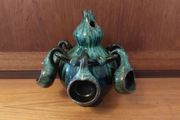 Fabulous Gourd Shaped Bulgarian Pottery Bottle in Brown with Mint Green Drip Glaze, with Five Matching Hanging Cups