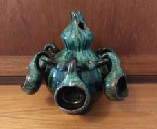 Fabulous Gourd Shaped Bulgarian Pottery Bottle in Brown with Mint Green Drip Glaze, with Five Matching Hanging Cups