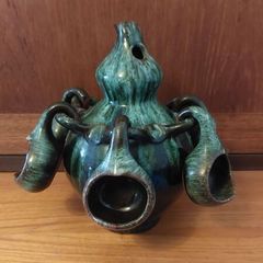 Fabulous Gourd Shaped Bulgarian Pottery Bottle in Brown with Mint Green Drip Glaze, with Five Matching Hanging Cups