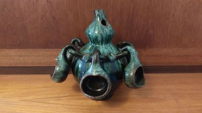 Fabulous Gourd Shaped Bulgarian Pottery Bottle in Brown with Mint Green Drip Glaze, with Five Matching Hanging Cups