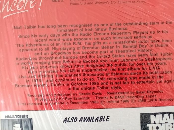 NIAL TOIBIN. ENCORE! original 1986 Irish Pressing. LIVIA records. LP. Vinyl. Record. Album. Made in the Ireland.