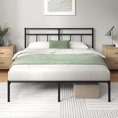 Elias Double Bed Frame Bed 190x135 cm  30cm Height Metal Bed Frame with Headboard  Platform bed frame with steel slat support  Modern Design  Easy Assembly  Black