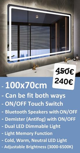 LED Bathroom Mirror Bluetooth Antifog Dual LED Makeup Bright Light Vanity 100c70cm or 70x100cm