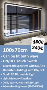 LED Bathroom Mirror Bluetooth Antifog Dual LED Makeup Bright Light Vanity 100x70cm or 70x100cm