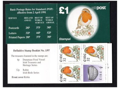 1997 Ireland Robin IR1 Definitive Stamp Booklet Mint Never Hinged (MNH)