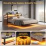 4ft6 Floating Metal Platform Bed Frame with Walnut Storage Headboard Image 2