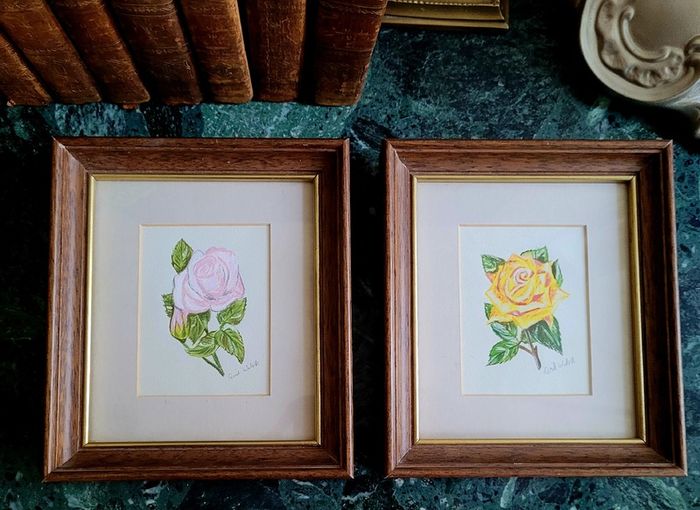 Vintage pair framed of signed pastel rose botanicals