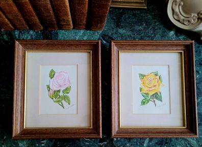 Vintage pair framed of signed pastel rose botanicals
