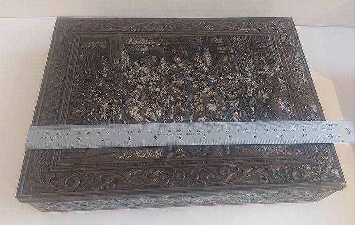 Fabulous Rembrandt's The Night Watch Vintage Hinged Biscuit Tin with a Raised Relief Reproduction of the Famous Painting, Attributed to the Victoria Biscuit Company of Holland