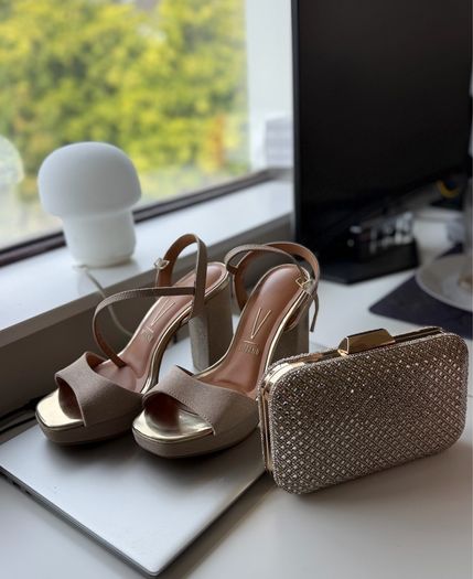Burgundy Formal Dress, Gold Heels & Clutch, Complete Look