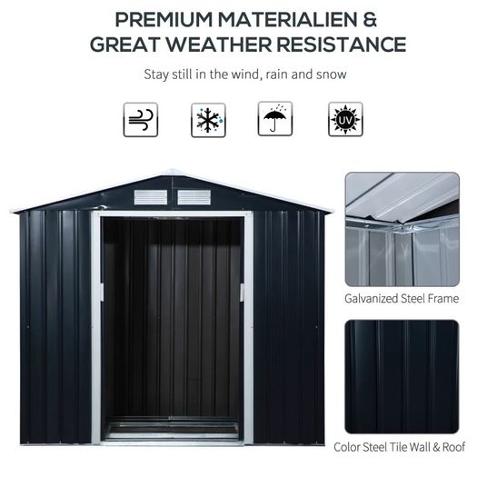NEW SALE | 7ft x 4ft Lockable Garden Shed Large Patio Roofed Tool Metal Storage Building Foundation Sheds Box Outdoor Furniture, Dark Grey