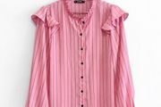 Pre Owned Dunnes Stores Pink Striped Ruffle Blouse