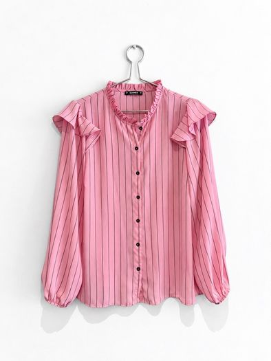 Pre Owned Dunnes Stores Pink Striped Ruffle Blouse