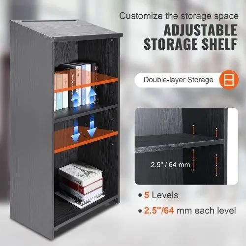 Podium Stand, 119 cm Hostess Stand with 4 Rolling Wheels, Wood Podium with Storage Shelves, and Slant Desktop