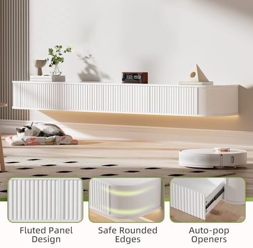 Floating TV Stand Unit with RGB LED Light - 160CM Wall Mounted TV Cabinet with Upgraded Storage & Rounded Edges, Modern TV Media Console for 55-65 Inch TVs