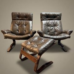 1970s Norwegian Rykken & Co Attributed Leather Lounge Chair Set