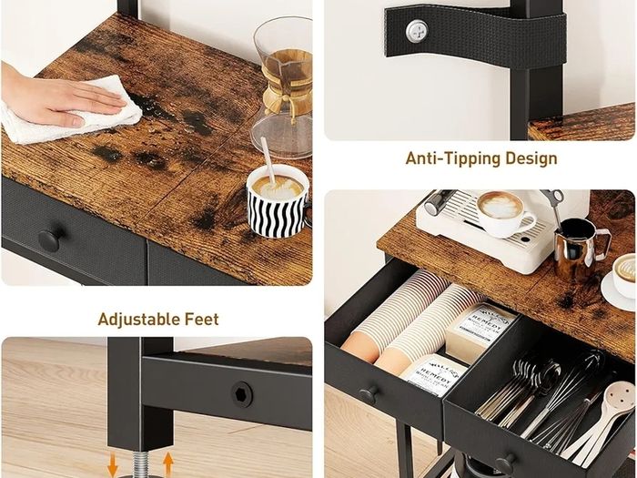 Coffee Bar Station, 6-Tier Coffee Stand with Storage and Drawers, Kitchen Corner Bakers Rack Microwave Stand with Metal Wire Panel & Hooks, Utility Storage Shelf for Small Spaces, Living Room