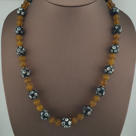 Antique Venetian African Style Eyes & Yellow Brown African Glass Beads Necklaces