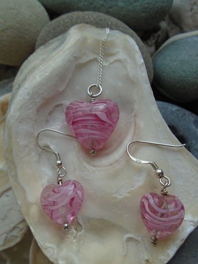 Jewellery set, Glass heart necklace.earrings,Silver jewellery.Valentines Day