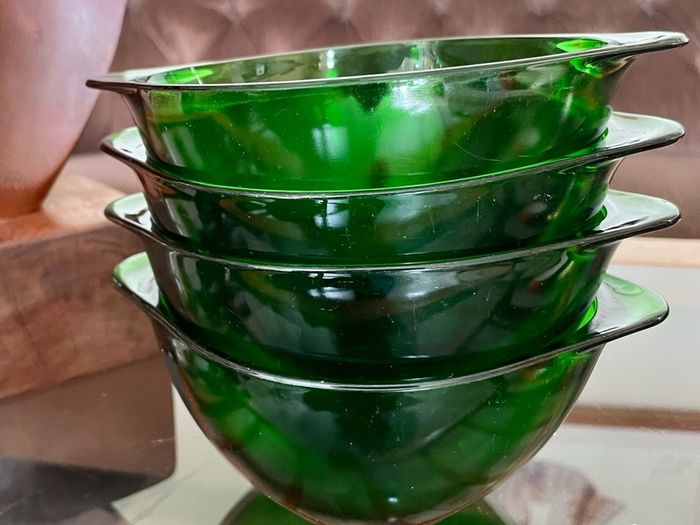 4 Stylish Vintage Vereco France Forest Green Clear Bowls with Tab Handles 1960 70s