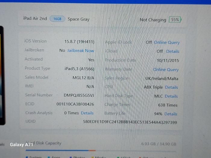 Apple Ipad Air 2nd Generation, 16GB, Space Gray, 94% Battery Life, No Activation Lock, but screen not displaying, and there is some damage to back top right corner, see pictures