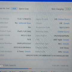 Apple Ipad Air 2nd Generation, 16GB, Space Gray, 94% Battery Life, No Activation Lock, but screen not displaying, and there is some damage to back top right corner, see pictures